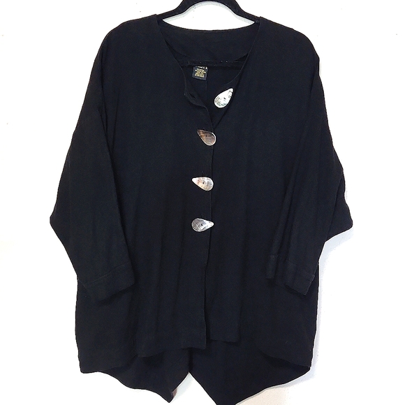 Ladri's Linen Abalone Shell Button Black Lightweight Shirt Jacket One Size - Picture 8 of 13